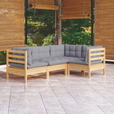 Vidaxl Vrtna sedežna garnitura 4-delna s sivimi blazinami borovina