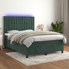 Vidaxl Box spring postelja z vzmetnico LED tem. zelena 140x190cm žamet