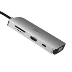 NEW MOKiN 8v1 USB-C adapter za 3x USB 3.0 + HDMI + USB-C + VGA + čitalnik kartic SD + čitalnik kartic Micro SD (srebrn)