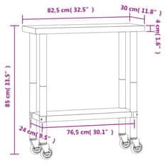 Vidaxl Kuhinjska delovna miza s kolesi 82,5x30x85 cm nerjaveče jeklo