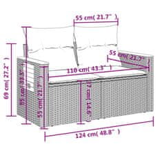 Vidaxl Vrtni kavč z blazinami 2-sedežni siv poli ratan