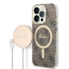 Guess Guess Bundle Pack MagSafe 4G - MagSafe etui za iPhone 14 Pro + komplet polnilnika (rjava/zlata)