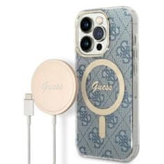 Guess Guess Bundle Pack MagSafe 4G - MagSafe ohišje za iPhone 14 Pro + komplet polnilnika (modro/zlato)