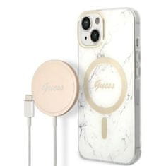 Guess Guess Bundle Pack MagSafe IML Marble - MagSafe etui za iPhone 14 Plus + komplet polnilnika (bela/zlata)