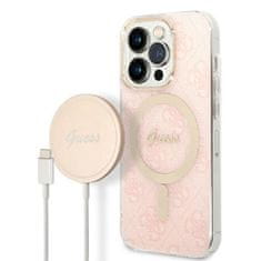 Guess Guess Bundle Pack MagSafe 4G - MagSafe ohišje za iPhone 14 Pro + komplet polnilnika (roza/zlata)