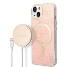 Guess Guess Bundle Pack MagSafe 4G - MagSafe ohišje za iPhone 14 Plus + komplet polnilnika (roza/zlata)