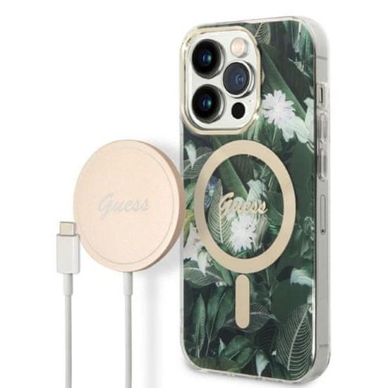 Guess Guess Bundle Pack MagSafe IML Jungle - MagSafe etui za iPhone 14 Pro + komplet polnilnika (kaki/zlata)