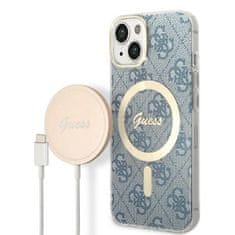 Guess Guess Bundle Pack MagSafe 4G - MagSafe ohišje za iPhone 14 Plus + komplet polnilnika (modro/zlato)