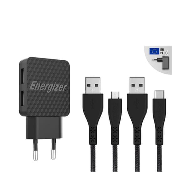 Energizer Energizer HardCase - Kompaktni omrežni polnilnik 2x USB-A + USB-C in kabel Micro USB (črn) doživljenjska garancija