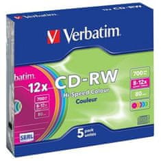 Verbatim CD-RW SERL 700MB, 12x, barvni, tanko ohišje 5 kosov