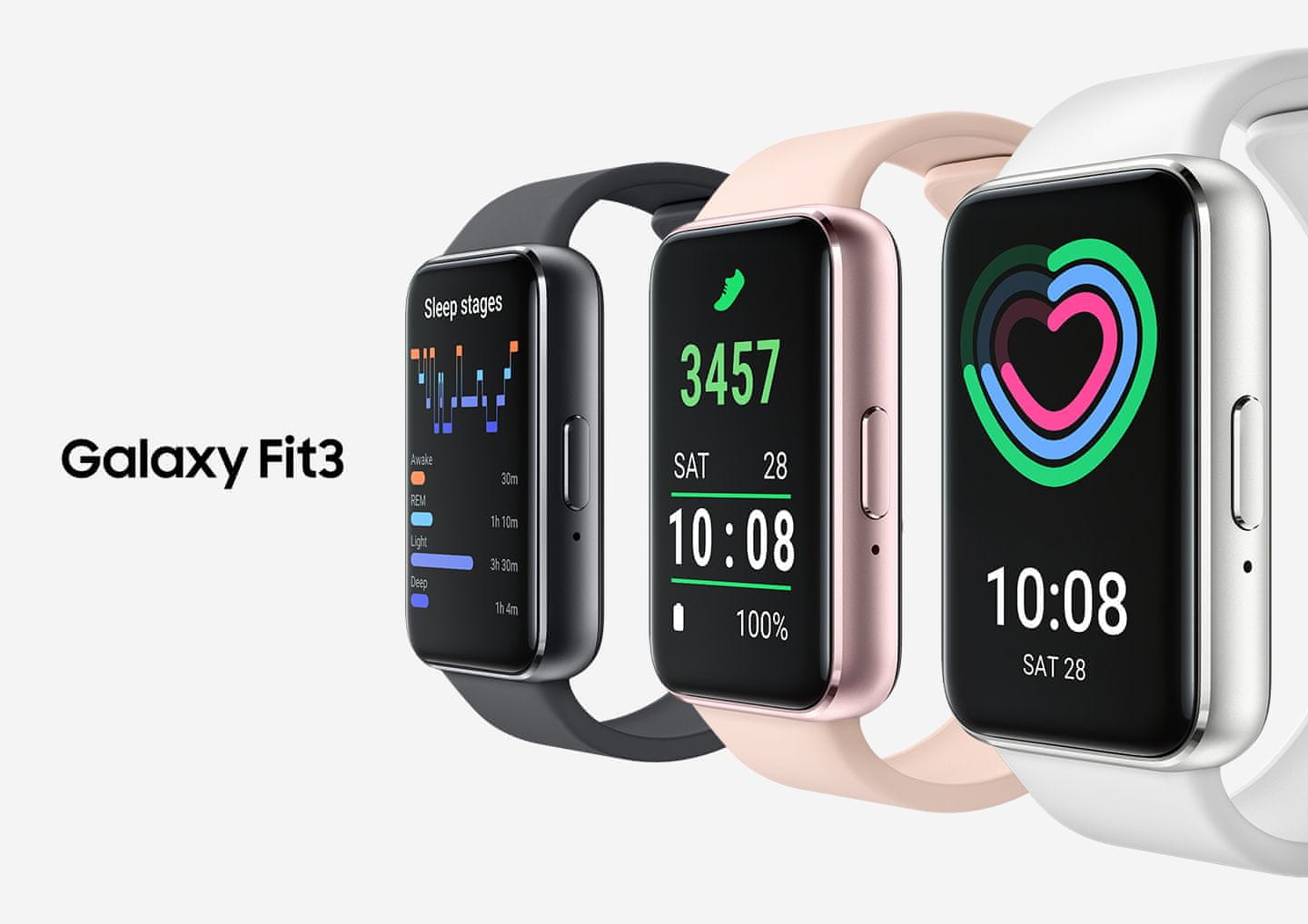 Fitness zapestnica Samsung Galaxy Fit3 AMOLED zaslon zaznavanje padca klic v sili Bluetooth seznanjanje z obvestili telefona merjenje srčnega utripa SpO2 merjenje nasičenosti nadzor z gestami udobna zapestnica športna zapestnica notranji pomnilnik glasba multisport nadzor kamere