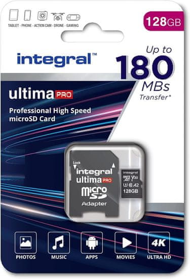 Integral 128GB Micro SD 4K branje 180MB/s pisanje 90MB/s MicroSDXC A2 C10 U3 UHS-I 180-V30