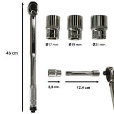 WOWO Momentni ključ z nasadnimi nastavki - Momentni ključ 460 mm 1/2 s 3 nasadnimi nastavki 17-21 mm, ključavnico in ohišjem, obseg 40-210 Nm