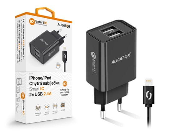 Aligator 2,4A, 2xUSB, pametni IC, črn, kabel USB za iPhone/iPad