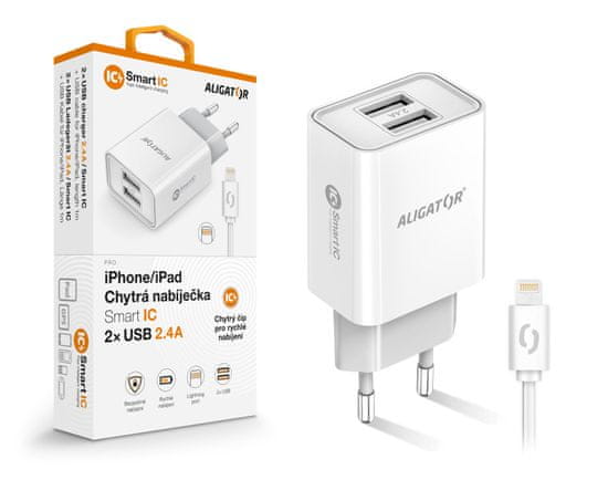 Aligator 2,4A, 2xUSB, pametni IC, bel, kabel USB za iPhone/iPad