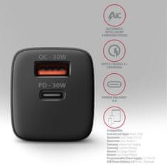 AXAGON ACU-PQ30 Polnilec 30 W, 2x vrata (USB-A + USB-C), PD3.0/PPS/QC4+/AFC/Apple, črn