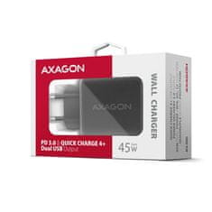 AXAGON ACU-PQ45 GaN omrežni polnilec 45 W, 2x vrata (USB-A + USB-C), PD3.0/PPS/QC4+/SFC 2.0/AFC/Apple