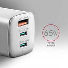 AXAGON ACU-DPQ65W, omrežni polnilnik GaN 65 W, 3 vrata (USB-A + dvojni USB-C), PD3.0/QC4+/PPS/Apple