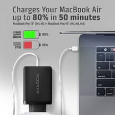 AXAGON ACU-DPQ100, omrežni polnilec GaN 100 W, 3 vhodi (USB-A + dvojni USB-C), PD3.0/PPS/QC4+/Apple