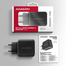 AXAGON ACU-PQ45 GaN omrežni polnilec 45 W, 2x vrata (USB-A + USB-C), PD3.0/PPS/QC4+/SFC 2.0/AFC/Apple