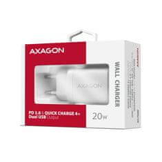 AXAGON ACU-PQ20W, 20W omrežni polnilnik, 2x vrata (USB-A + USB-C), PD3.0/PPS/QC4+/AFC/Apple, bel