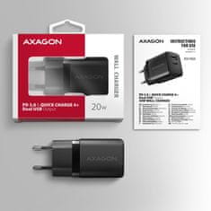 AXAGON ACU-PQ20, 20W omrežni polnilnik, 2x vhod (USB-A + USB-C), PD3.0/PPS/QC4+/AFC/Apple, črn