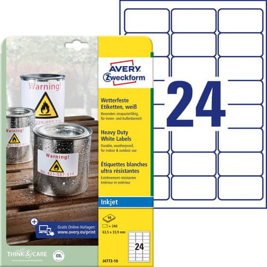 Avery Zweckform zelo odporne etikete J4773-10, 63.5 x 33.9 mm, bele poliestrske etikete, za inkjet tiskalnike, A4
