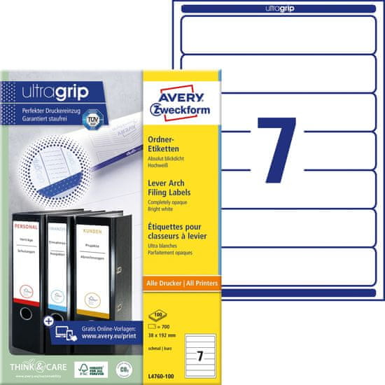 Avery Zweckform etikete za registratorje L4760-100, 192 x 38 mm, 700 etiket/zavitek, A4, za tiskanje