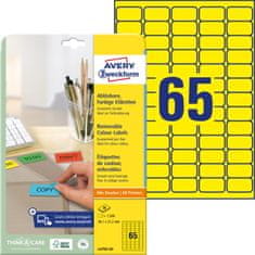 Avery Zweckform odstranljive etikete L4793-20, 38.1 x 21.2 mm, rumene, 1300 etiket/zavitek, A4, barvne nalepke za tiskanje