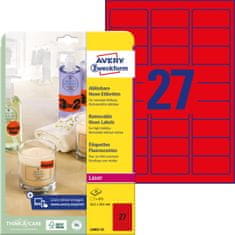 Avery Zweckform odstranljive etikete L6003-25, 63.5 x 29.6 mm, neonsko rdeče, 675 etiket/zavitek, A4, barvne nalepke za tiskanje