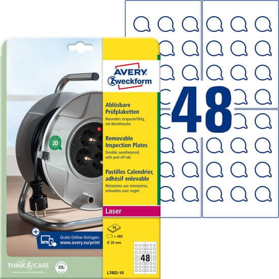 Avery Zweckform kontrolne etikete L7803-10, okrogle fi 20 mm, odstranljivo lepilo, 480 etiket/zavitek, A4, za tiskanje
