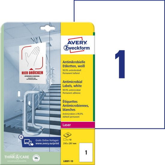 Avery Zweckform antibakterijske etikete L8001-10, 210 x 297 mm, bele, 10 etiket/zavitek, A4, za tiskanje