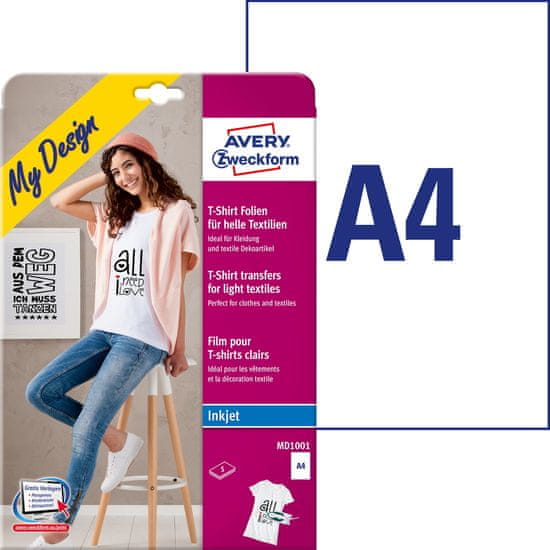 Avery Zweckform folije za preslikavo na svetle majice MD1001, 5 folij/zavitek, A4, za tiskanje