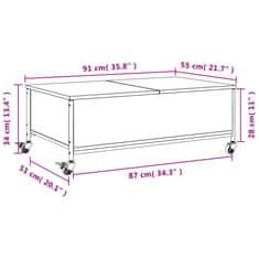 Vidaxl Klubska mizica s kolesci rjavi hrast 91x55x34 cm inž. les