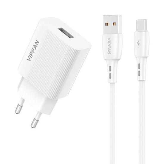 Vipfan E01 omrežni polnilnik, 1x USB, 2,4A + kabel USB-C (bel)