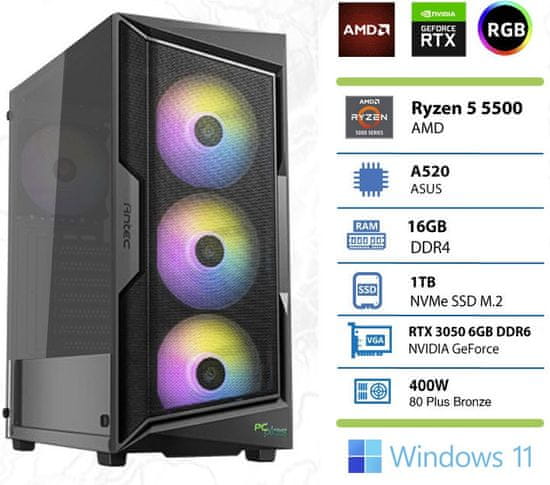 PCplus Gamer namizni računalnik, R5 5500, 16GB, SSD1TB, RTX 3050, W11H (145137)