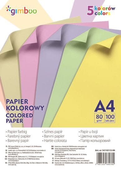 Gimboo Barvni papirji A4 - mapa 100 listov, 5 pastelnih barv