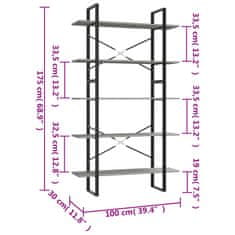 Vidaxl Knjižna omara 5-nadstropna betonsko siva 100x30x175 cm inž. les