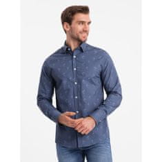 OMBRE Moška bombažna srajca SLIM FIT s palmami temno modra MDN124374 XXL