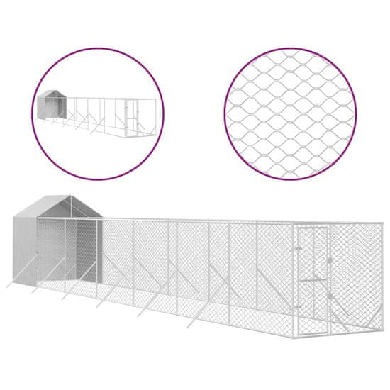 Vidaxl Zunanja pasja ograda s streho srebrna 2x14x2,5m pocinkano jeklo