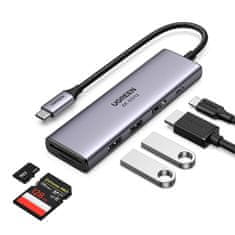 Ugreen Večnamenski HUB 6v1 USB-C - 2x USB HDMI 4K Bralnik kartic SD in TF USB-C PD 100W siva