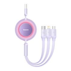 BASEUS Vlečni kabel 3 v 1 USB microUSB + Iphone Lightning + USB-C 66W 1,1 m vijolične barve