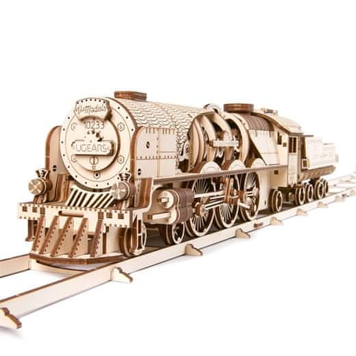 UGEARS Igrača 3D lesena mehanska sestavljanka V-Express 4-6-2 parna lokomotiva s ponudbo