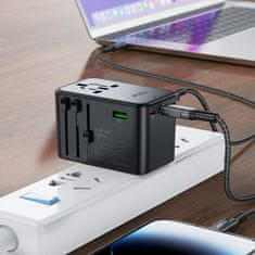 AceFast GaN univerzalni potovalni polnilec 2x USB-A 3x USB-C vtiči UK EU ZDA AUS črn