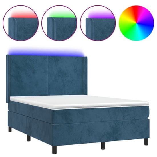 Vidaxl Box spring postelja z vzmetnico LED temno modra 140x190cm žamet