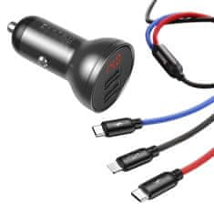 BASEUS Baseusov avtomobilski polnilec s 24W zaslonom + 3v1 Baseusov kabel USB treh osnovnih barv 1,2 m