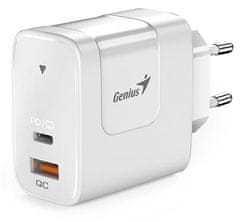 Genius PD-65AC, napajalnik, univerzalni, 65 W, 1 × USB-C, 1 × USB, PD 3.0, QC 3.0, bel