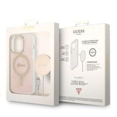 Guess Guess Bundle Pack MagSafe 4G - MagSafe ohišje za iPhone 14 Pro + komplet polnilnika (roza/zlata)