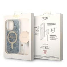 Guess Guess Bundle Pack MagSafe 4G - MagSafe ohišje za iPhone 14 Pro + komplet polnilnika (modro/zlato)