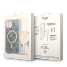 Guess Guess Bundle Pack MagSafe 4G - MagSafe ohišje za iPhone 14 Plus + komplet polnilnika (modro/zlato)